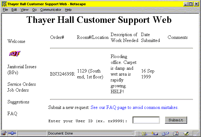 Thayer Hall Customer Support Web Page
