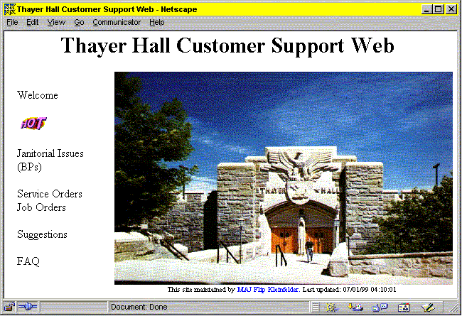 Thayer Hall Custmer Support Web Page